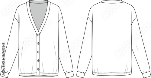 Cad drawing flat vector illustration, cardigan technical sketch, front and back view, fashion design template, garment construction details