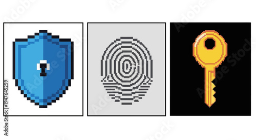 Pixel Art Security Icons: Shield, Fingerprint, Key - Digital Identity and Access