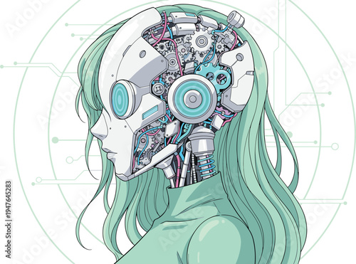 Futuristic cyborg woman illustration, anime android girl with mechanical head and circuits, cyberpunk technology portrait, sci fi robot character