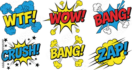 comic sound effects collection vector illustration, wtf wow bang crush zap pop art speech explosion bubbles cartoon set