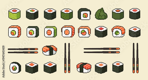 Pixel Art Sushi Collection: Maki Rolls, Nigiri, and Chopsticks