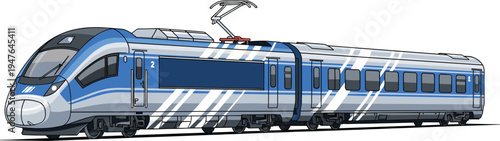 modern electric passenger train vector illustration, high speed railway transport vehicle, blue commuter train design, rail transportation engineering graphic