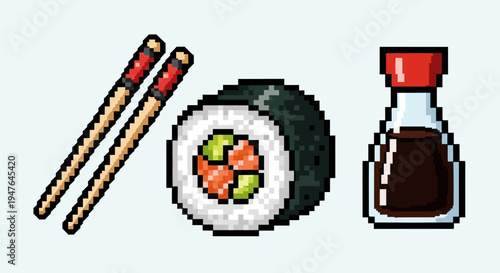 Pixel Art Sushi Set: Maki Roll, Chopsticks, Soy Sauce Bottle