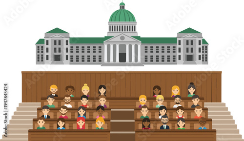 parliament government building with assembly members illustration, legislative council meeting democratic political institution architecture vector scene