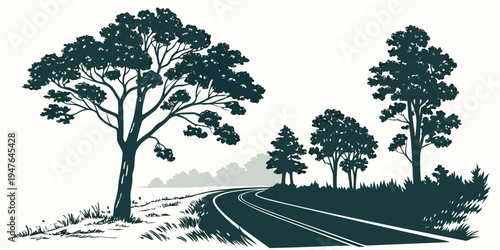 A group of trees on the side of a road Vector