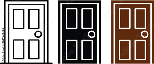 Three doors in white black and brown with four panels and a circle white door black door