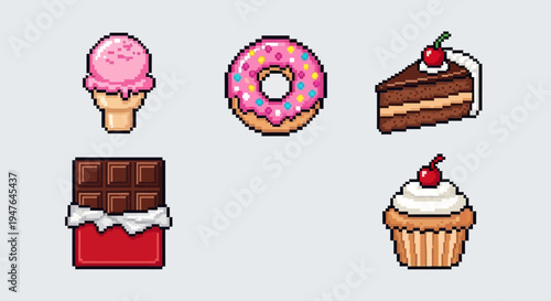 Pixel Art Sweets: Ice Cream, Donut, Cake, Chocolate Bar, Cupcake Icons