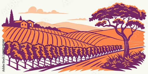 A purple and orange illustration of a vineyard scene Vector