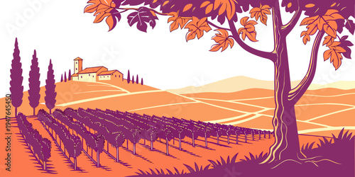 A tree in a vineyard on a hillside Vector