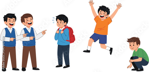 school bullying concept illustration, children teasing sad boy while other kids show emotions happiness fear loneliness cartoon vector