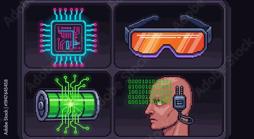Pixel Art Technology Concepts: Chip, VR Glasses, Battery, Brain Interface