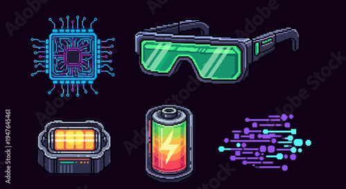 Pixel Art Technology Icons Set: Microchip, AR Glasses, Batteries, and Data Flow