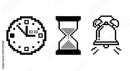 Pixel Art Time Icons: Clock, Hourglass, Alarm Bell
