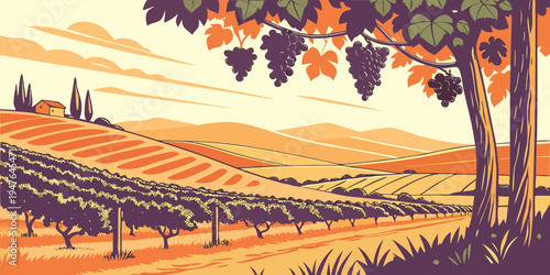A pixel art landscape of a vineyard at sunset Vector