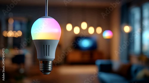 Colorful smart bulb illuminating modern living room