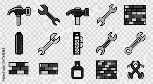 Pixel Art Tools and Bricks Collection: Hammer, Wrench, Paint, Construction Icons