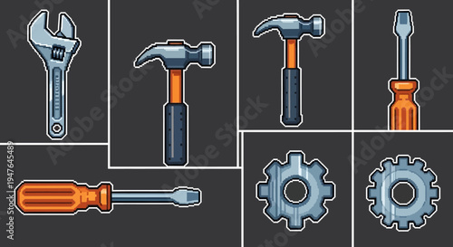 Pixel Art Tools and Gears Set: Wrenches, Hammers, Screwdrivers, Cogwheels