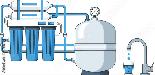 water filtration and purification system illustration, reverse osmosis drinking water treatment plant with filters tank pipes faucet diagram
