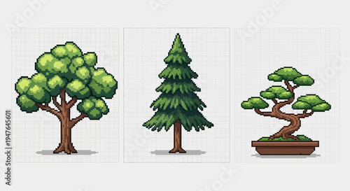 Pixel Art Trees: Oak, Fir, and Bonsai Collection
