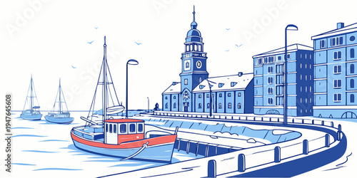 A boat is docked at a pier in a city Vector