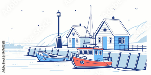 A red and blue boat docked at a snowy harbor Vector