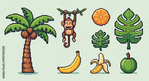 Pixel Art Tropical Elements Set: Palm Tree, Monkey, Banana, and Jungle Leaves