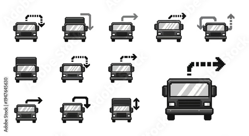 Pixel Art Truck Icons: Maneuvering and Directional Arrows