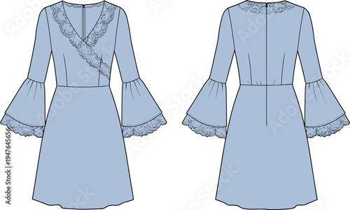 CAD drawing flat vector illustration, fashion technical sketch, women’s lace trim dress, flared sleeve design, v-neck style, elegant apparel template