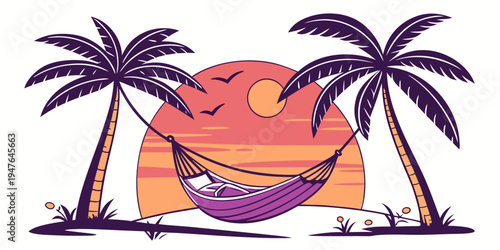 A hammock between two palm trees at sunset Vector