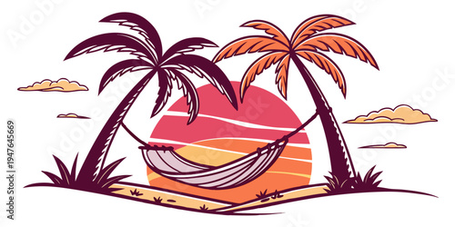 Hammock between two palm trees at sunset Vector