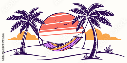A hammock between two palm trees on a beach Vector