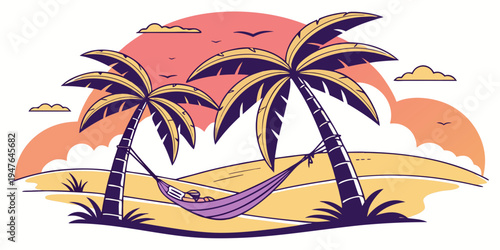A hammock between two palm trees on a beach Vector