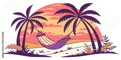 A hammock on a beach between two palm trees at sunset Vector