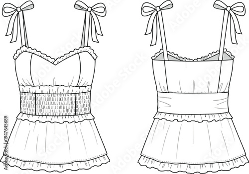 Cad drawing flat vector illustration, fashion top technical sketch, front and back view, ruffle hem, smocked waist, bow straps