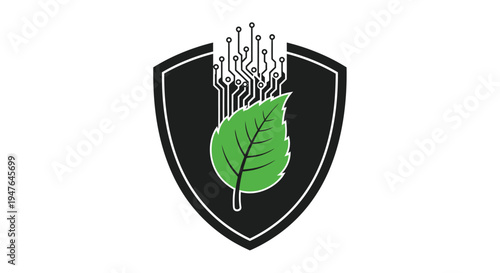 A digital shield incorporating a vibrant green leaf symbolizing eco technology