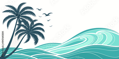 A serene tropical ocean scene with palm trees Vector