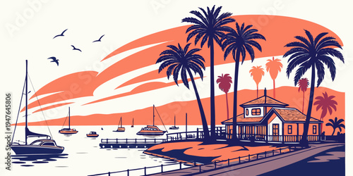 A tropical beach scene with palm trees and boats Vector