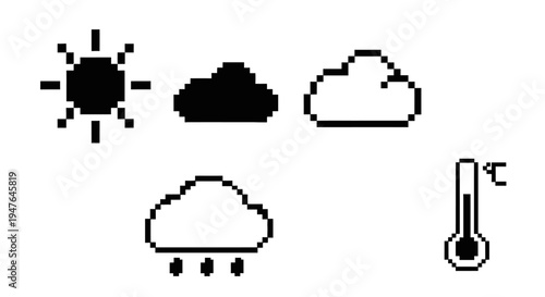 Pixel Weather Icons: Sun, Clouds, Rain, Thermometer