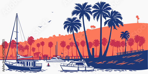 Boats are moored near a tropical shore with palm trees Vector