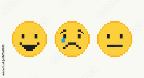 Pixelated Emoticons: Happy, Sad, and Neutral Faces on White Background