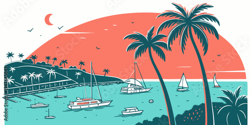 A tropical beach scene with palm trees and boats Vector