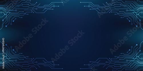 Futuristic blue circuit technology background with digital lines and copy space