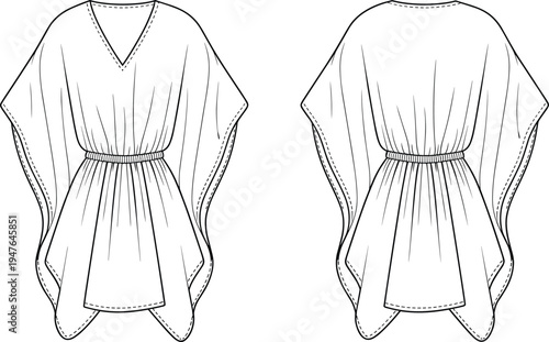 CAD drawing flat vector illustration, poncho dress technical sketch, fashion design template, front and back view, garment construction details