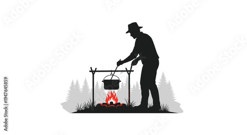 Silhouette of a man cooking over a campfire in a mountainous landscape