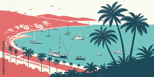 A beach scene with boats and palm trees Vector