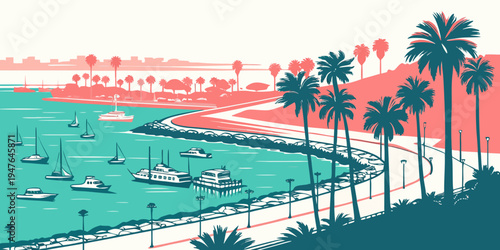 A scenic view of a beach with palm trees Vector