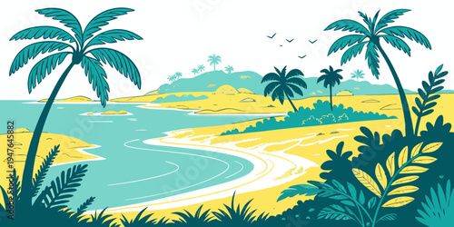 A tropical island with palm trees and a beach Vector