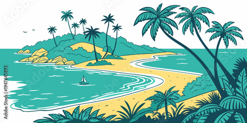A tropical island with palm trees and a sandy beach Vector