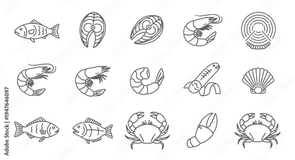 Obraz premium Seafood Icons: Fish, Shrimp, Crab, Shellfish, Salmon Steak - Line Art Collection