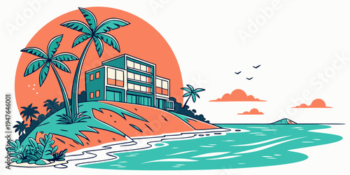 A tropical island with a building and palm trees Vector